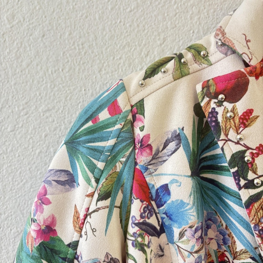 Rino & Pelle Tropical Floral Studded Blazer Jacket Womens 34 Multicolor Birds - Picture 3 of 9